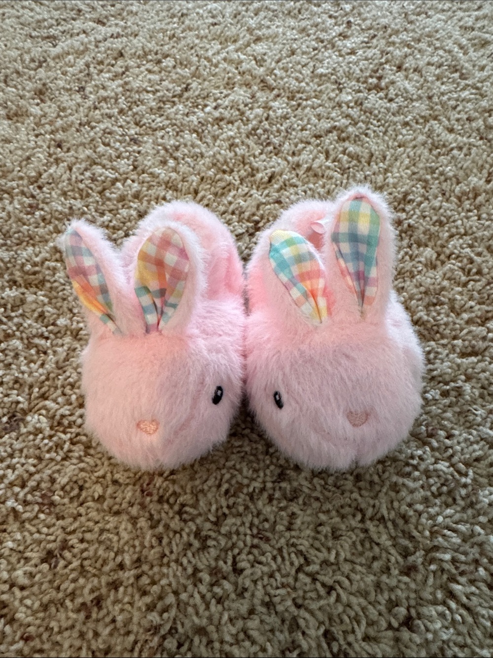 Pink Bunny Plush Slippers with Pastel Check Ears